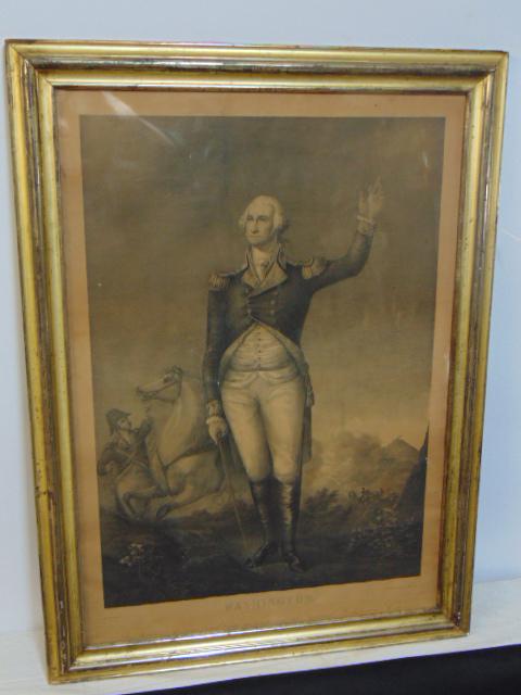 George Washington lithograph in lemon gold frame, "Washington", litho by A. Hoen & Co, Baltimore,: George Washington lithograph in lemon gold frame, "Washington", litho by A. Hoen & Co, Baltimore, opening is 28" by 20", outer dimensions are 31.5" by 23.25" tear