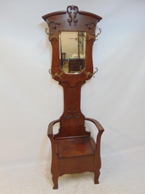 Oak hall seat with coat rack, mirror, lift top seat, beveled mirror & 4 double hooks, 78" tall.: Oak hall seat with coat rack, mirror, lift top seat, beveled mirror & 4 double hooks, 78" tall.