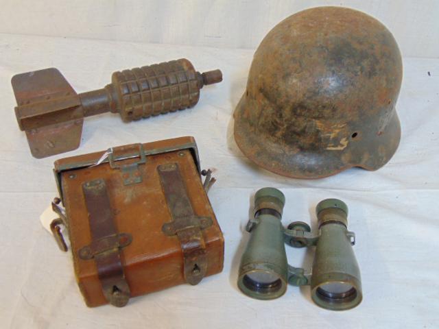 German WW1 & WW2 lot, helmet, grenade & binoculars in leather case, old faded decal on WW2 helmet,: German WW1 & WW2 lot, helmet, grenade & binoculars in leather case, old faded decal on WW2 helmet, WW1 binoculars by C.R. Coertz, Berlin, in original case & grenade with fins, marked Rh. M.P.