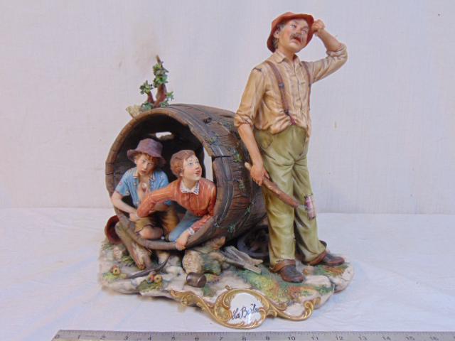 Capodimonte "La Burla", figural group, Capodimonte figural group showing Tom Sawyer and Huckleberry: Capodimonte "La Burla", figural group, Capodimonte figural group showing Tom Sawyer and Huckleberry Finn, hiding in a barrel from a man with a stick, few minor chips, mostly if not all concerning smal