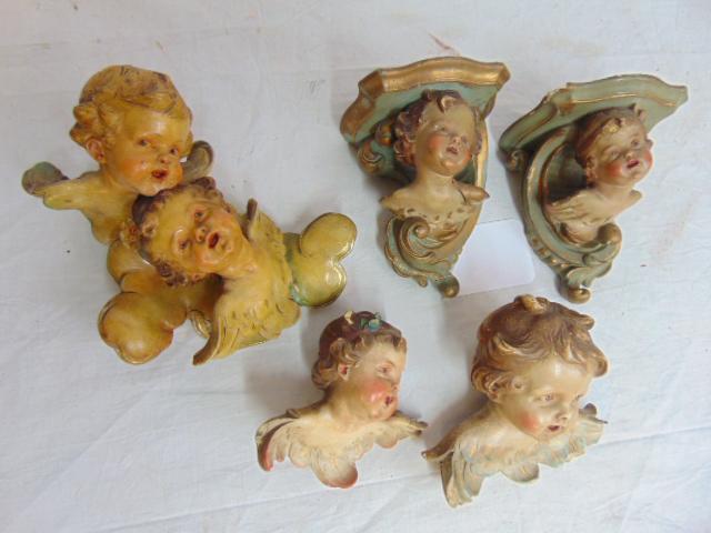 5 plaster, paint decorated putti figures, includes pair small brackets, shelves, two small winged: 5 plaster, paint decorated putti figures, includes pair small brackets, shelves, two small winged putti & single sculpture (repaired)