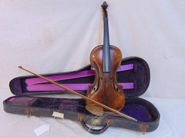 Violin in case, Joh. Baptist Schweitzer, Hieronymi Amati Pestini, 1811, no strings, pegs, bridge,: Violin in case, Joh. Baptist Schweitzer, Hieronymi Amati Pestini, 1811, no strings, pegs, bridge, several cracks, case is 13.75", with Bausch bow.