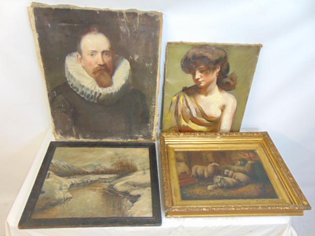 Art lot, 4 paintings, stream in snowy landscape, signed H. Moore-Annis, oil on board, 16" by 19.75";: Art lot, 4 paintings, stream in snowy landscape, signed H. Moore-Annis, oil on board, 16" by 19.75"; Sheep in barn, oil on canvas, V. Comstock, 12" by 18" in gilt frame (has small tear); Portrait of a