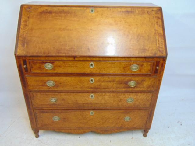 New England slant front desk, bird's eye maple, 4 drawer, nice interior, desk is 41.75" by 20",: New England slant front desk, bird's eye maple, 4 drawer, nice interior, desk is 41.75" by 20", height is 45", some veneer damage to corner slant lid.
