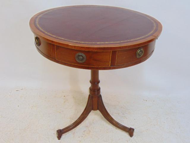 Small English drum table with inlaid detail, small round leather top English side table with: Small English drum table with inlaid detail, small round leather top English side table with drawers, top is 24", height is 27.75", top rotates