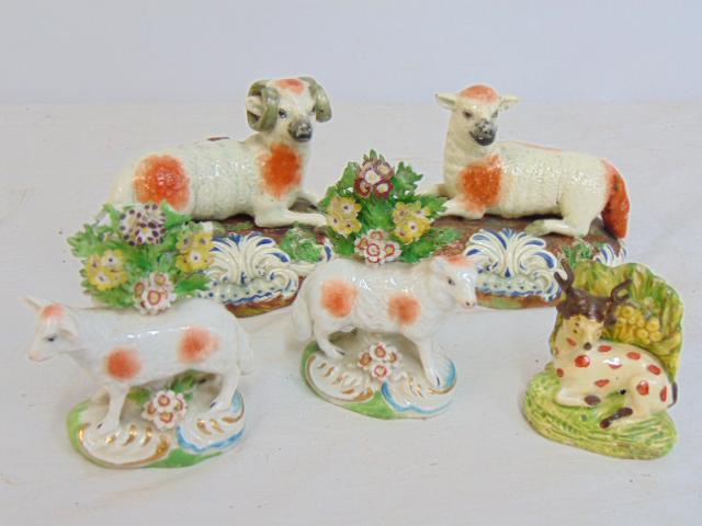 Pearlware figurines, sheep, lambs, ram & small deer (?) deer figure repaired: Pearlware figurines, sheep, lambs, ram & small deer (?) deer figure repaired