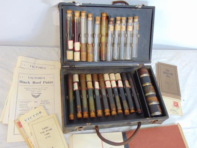 Oil specimen case with various different type of oil vials, Victor Oil Company: Oil specimen case with various different type of oil vials, Victor Oil Company