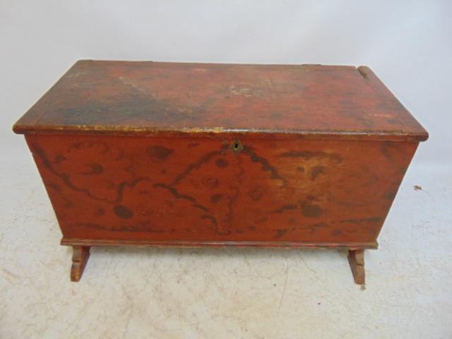 Country trunk, sponge paint decorated, old red paint, box is 37" by 16.6", height is 19.25",: Country trunk, sponge paint decorated, old red paint, box is 37" by 16.6", height is 19.25", replaced hinges