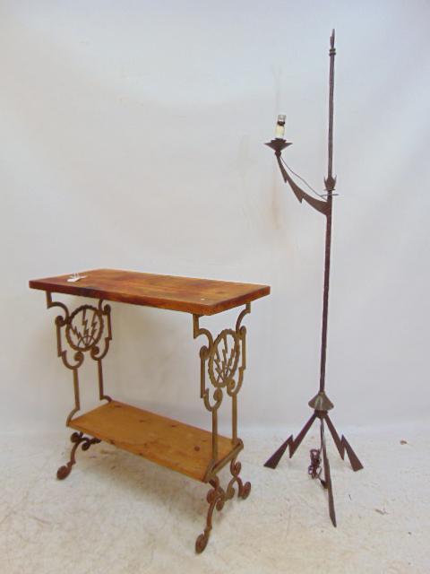 Art Deco table & floor lamp, table by Seville studios, "Creators of Beau-Metal" art Objects,: Art Deco table & floor lamp, table by Seville studios, "Creators of Beau-Metal" art Objects, decorated with lightning bolts & iron floor lamp with lightning bolt tripod base, table is 30" by 13.75", h