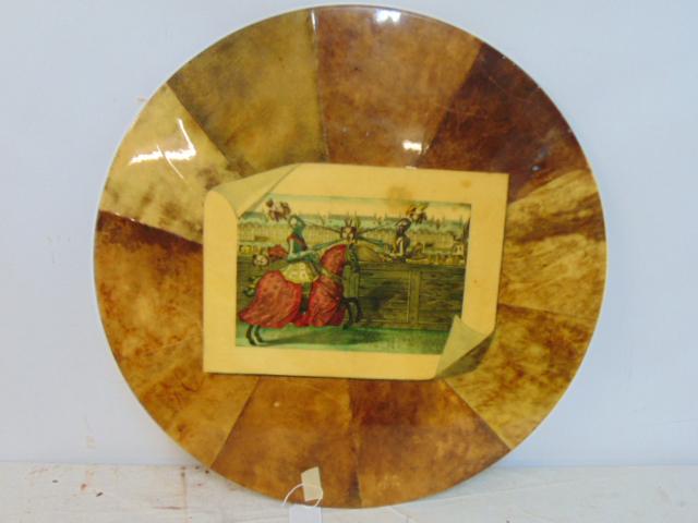 Lacquered goatskin table top with jousting scene in center, top is 25.5", "Tura Creazione Italy": Lacquered goatskin table top with jousting scene in center, top is 25.5", "Tura Creazione Italy", Aldo Tura