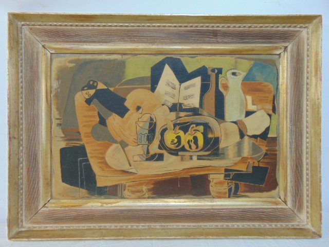 Lithograph still-life, George Braque, various items, bottles, sheet music,: Lithograph, still-life, George Braque, various items, bottles, sheet music, print is 17.5" by 27.5", framed