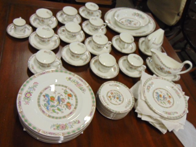 Wedgwood "Kutani Crane" porcelain dinnerware, include 12 10.75" dinner plates, 12 8" salad plates, 1: Wedgwood "Kutani Crane" porcelain dinnerware, includes 12 10.75" dinner plates, 12 8" salad plates, 12 6" bread plates, 12 cups & saucers (one cup has small chip), one demi-tasse cup & saucer, oval ve