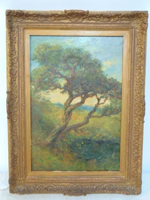 Painting, landscape with tree, Marie A. Becket, oil on board, solitary tree in landscap, in carved f: Painting, landscape with tree, Marie A. Becket, oil on board, solitary tree in landscape, in carved frame (made in Holland), oil is 18.25" by 12.5"