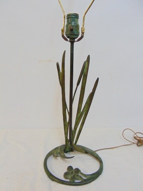Bronze table lamp, cattail base, green patina, signed "Thew", height is 18", excluding harp: Bronze table lamp, cattail base, green patina, signed "Thew", height is 18", excluding harp