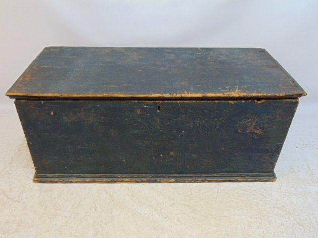 Country pine box in old blue paint, box is 40.25" by 17.25", height is 15.75": Country pine box in old blue paint, box is 40.25" by 17.25", height is 15.75"