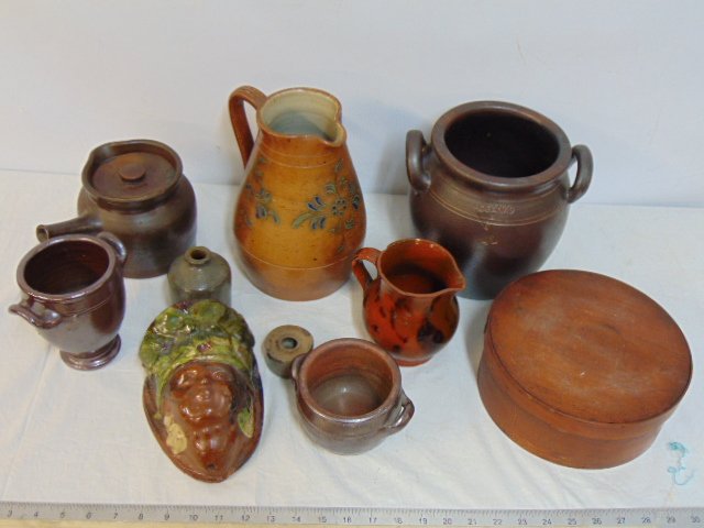 Lot of brown stoneware, jugs, jars, bowls, includes double handled jar 4L signed Hoganas, decorative: Lot of brown stoneware, jugs, jars, bowls, includes double handled jar 4L signed Hoganas, decorative pitcher with blue decoration, various small double handled jars, small redware glazed pitcher, smal