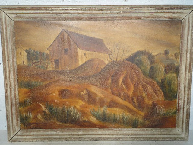 Oil, farm scene signed Rane WPA style: Tempura on board, figure by barn, signed T.S. Rane ? 1935, 16" by 24".