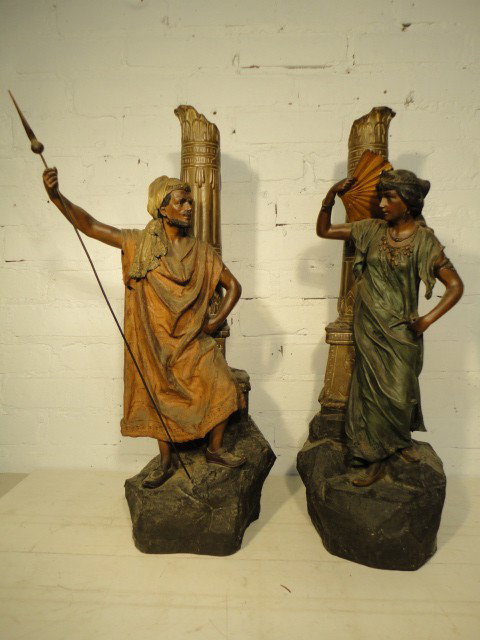 Pair terra cotta signed JM Grand Tour Arab figures: Finely executed pair in excellent untouched original condition signed J M Blashfield 25" tall