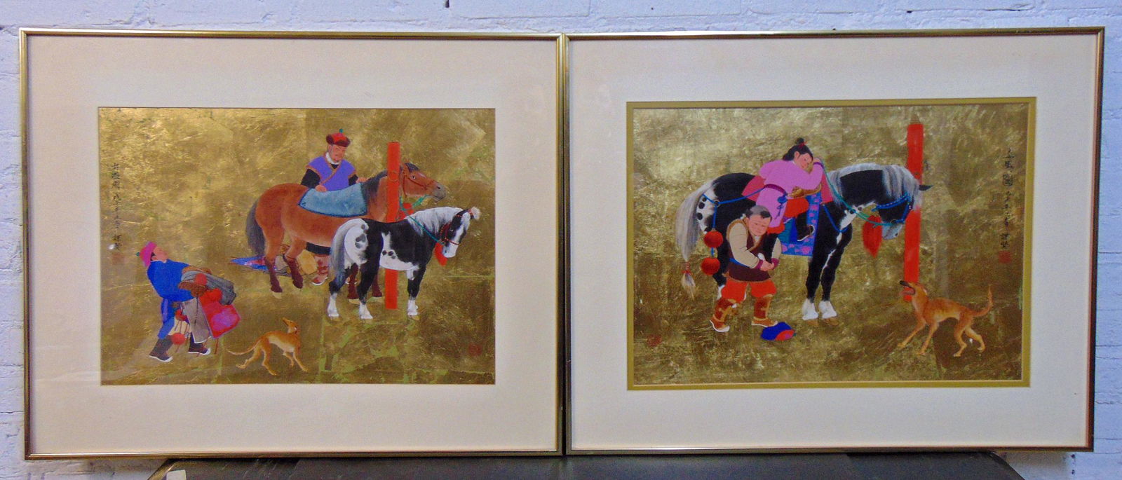 Pair Chinese paintings on gilt, Mou-Sien Tseng, signed, two children on horse & "Preparing to tide", (1 of 11)