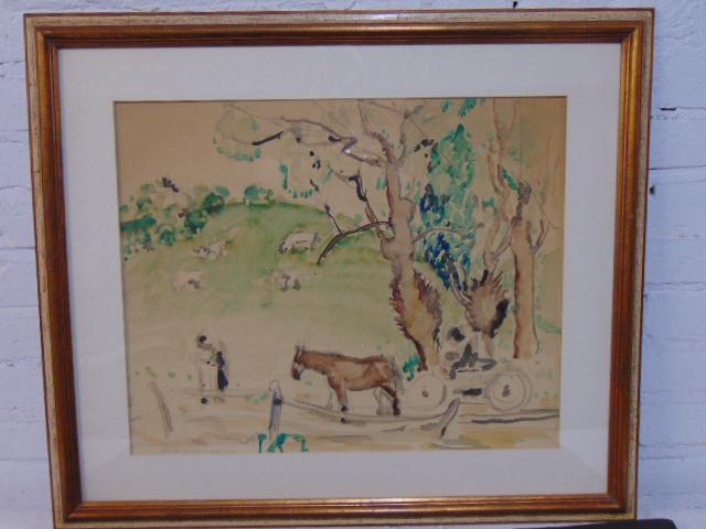 Painting, Anne Goldthwaite, horse drawn carriage, figures, trees, watercolor, 16.5" by 20.5", (1 of 7)