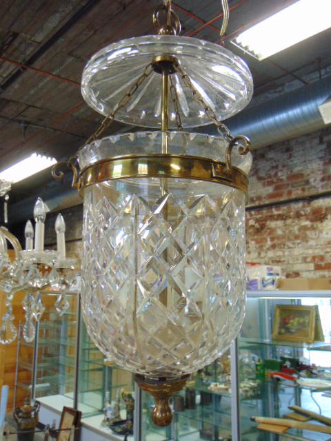 Cut crystal hanging bell, Waterford, cut crystal diamond pattern chandelier with brass ring, chain, (1 of 5)