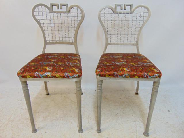 Pair aluminum MCM side chairs, silk upholstered seats, chairs are 14" by 14" (seat), height is 31", (1 of 7)