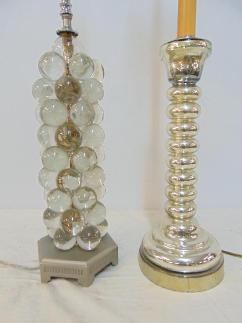 2 MCM table lamps, mercury glass & glass marble base column lamps, lamp with glass balls has one (1 of 7)