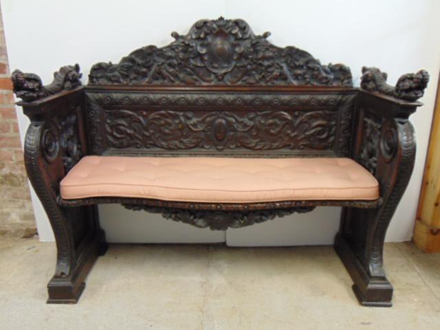 Carved oak bench, extensively carved with serpents, leaves, flowers, bench is 56" by 21,5", height (1 of 10)