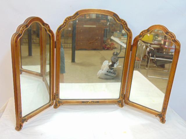3 panel gilt framed vanity mirror, mirror is 28" by 44", one side mirror has repair lower corner (1 of 4)