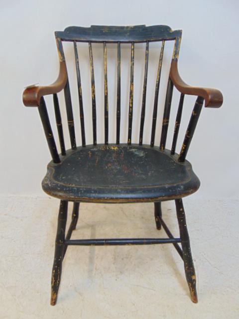 Windsor arm chair, in black paint, painted line decoration. (1 of 3)