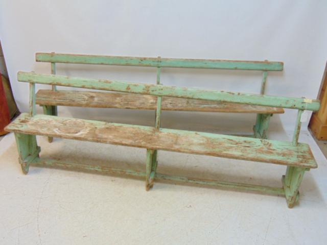 Pair primitive pine benches in green paint, each bench is 78.5" long. (1 of 6)