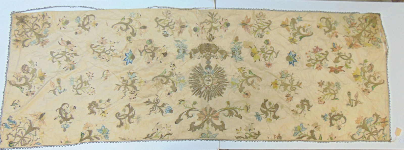 Early embroidered altar cloth, early 18th Century, 8'4" long, 34" wide, some small tears, stains, (1 of 9)