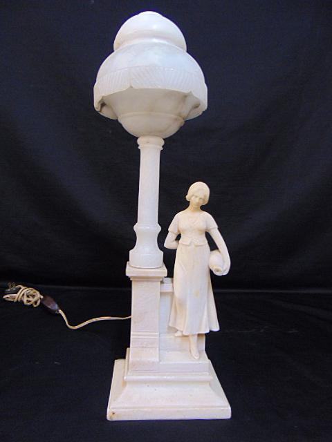 Carved figural alabaster lamp, lady holding urn next to post, lamp is 20.5", shade has some heat (1 of 6)