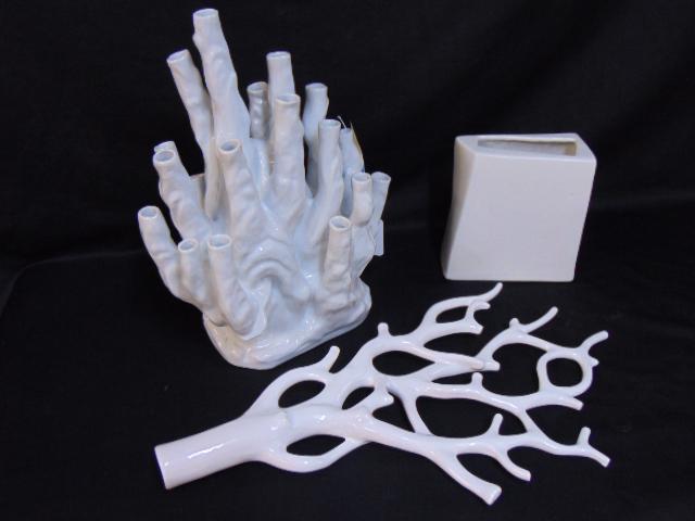 3 white porcelain vases, sculpture, "coral" style vase with multiple openings, unmarked, square vase (1 of 9)
