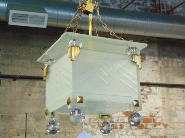 Art deco cast glass & brass hanging fixture, with glass ball drops, fixture is 8.5" by 8.5", height (1 of 5)