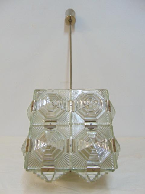 Art deco chandelier, MCM square glass cube with octagonal decorative glass panels, fixture is 11.5" (1 of 6)
