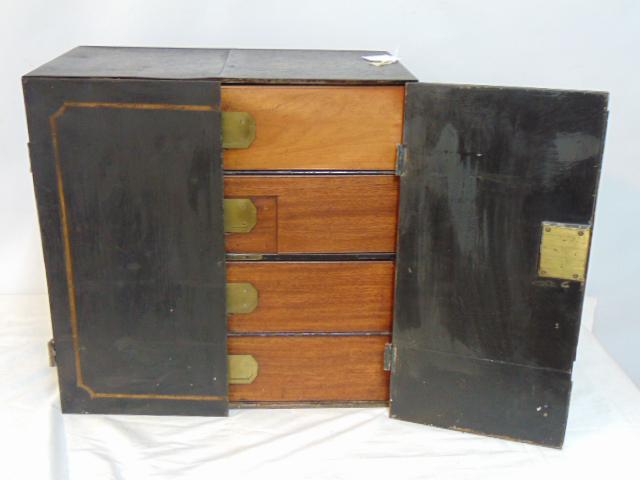 English wood & tole multi drawer box, exterior tole, paint decorated, with 4 drawers, one door is (1 of 7)