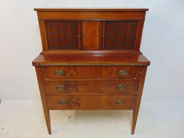 Tambour front ladies desk, inlaid detail, 3 drawer base with interior drawers in top section, desk: Tambour front ladies desk, inlaid detail, 3 drawer base with interior drawers in top section, desk is 36.25" by 18.25", height is 47.25", with fold out writing area.