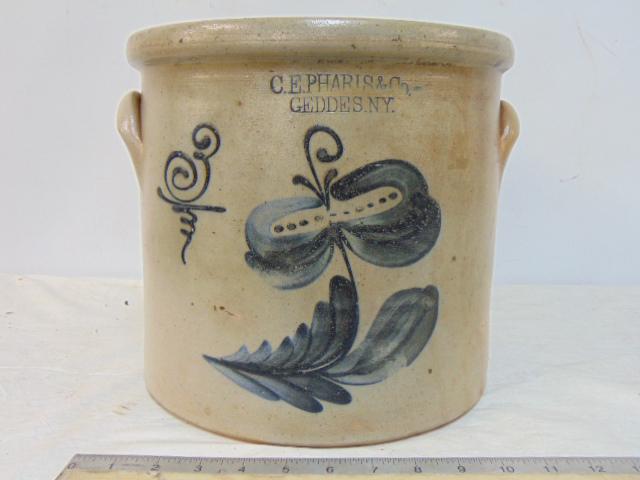 Stoneware crock, C.E. Pharis & Co, Geddes, N.Y. , decorated with flower, stylized number 3, good: Stoneware crock, C.E. Pharis & Co, Geddes, N.Y. , decorated with flower, stylized number 3, good condition, 10.25" tall, diameter is 11"