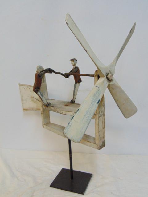 Vintage whirligig, two figures, old white paint, 1920's 23" long, height as shown is 20" excluding (1 of 5)