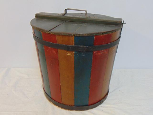 Painted oak bucket with lid, metal straps, bucket is 15.25", height is 14.5" (1 of 5)