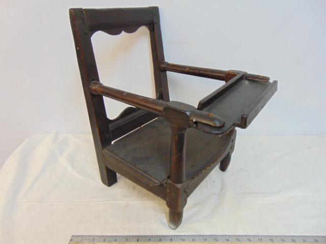 18th Century child's chair with removable tray, chair is 14" wide, 16.5" deep, height is 18.5", pegs (1 of 5)