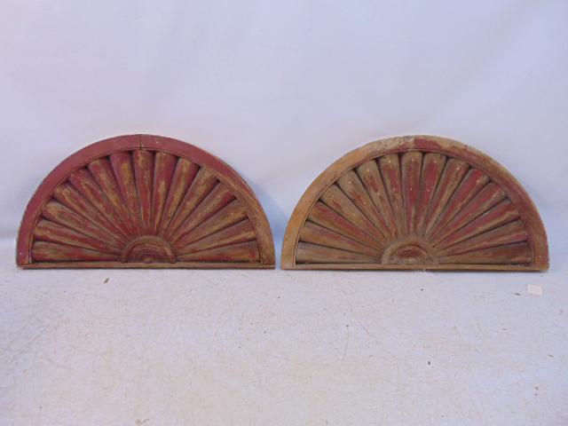 Pair painted architectural fans, in old red paint, 38.5" wide, height is 19.5" (1 of 5)