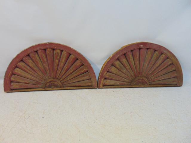 Pair painted architectural fans, in old red paint, 37" wide, height is 19.25" (1 of 5)