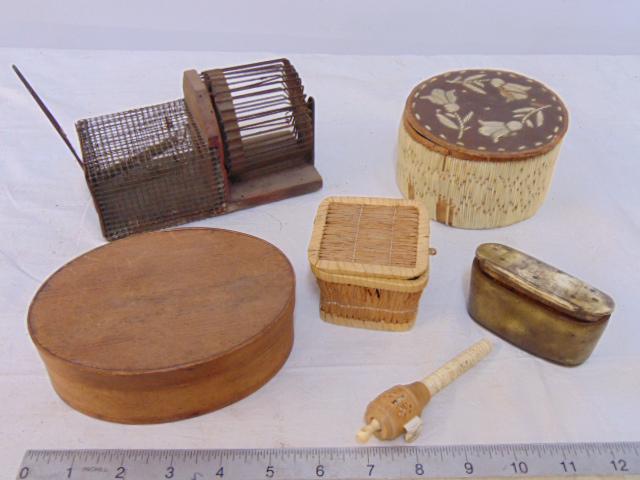 Country lot, mouse trap, oval shaker style box, small French measuring table in carved bone holder,: Country lot, mouse trap, oval shaker style box, small French measuring table in carved bone holder, small horn box & 2 small decorative boxes