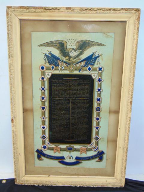 Sergeant James A. Secor service certificate, framed document listing civil war era accomplishments, (1 of 6)