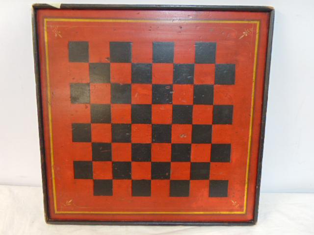 Paint decorated game board, country, black on red, board is 22.5" by 22.5" (1 of 4)