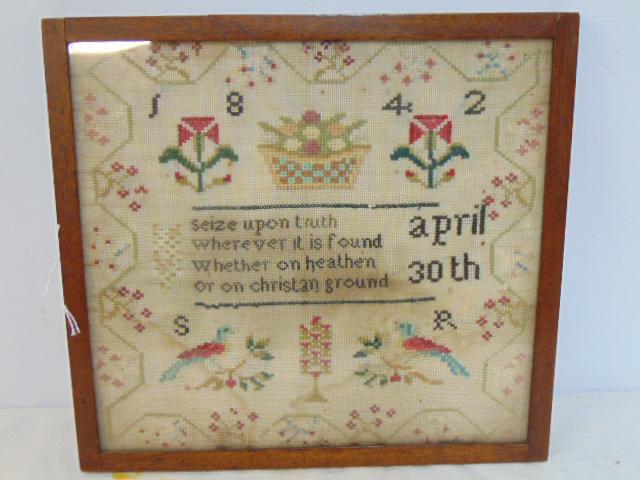 Framed sampler, needlepoint, 1842, "Seize upon truth, wherever it is found, whether on heathen or on (1 of 4)