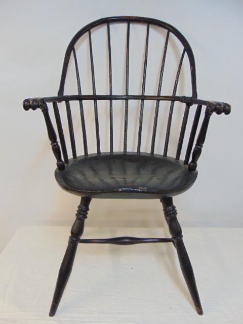 Massachusetts sack back Windsor arm chair, in old black paint, chair is 23.5" wide, depth is 16.5", (1 of 8)