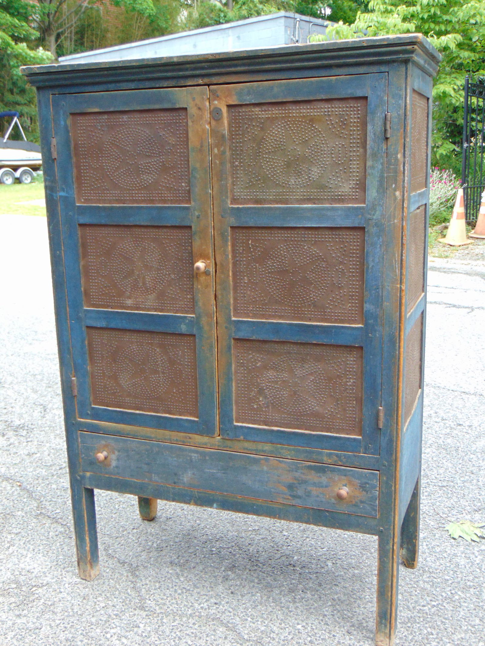 Virginia pierced tin pie safe in old paint, 1830-1850, pinned construction, with star pattern (1 of 11)